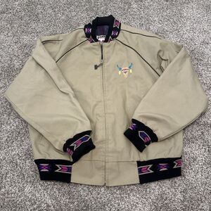 Vtg Walls Mountain Jacket Khaki Canvas Fleece Blanket Lined Aztec Bomber Large